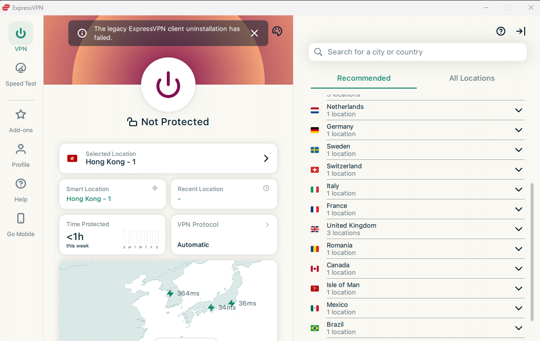 ExpressVPN offers a 30-day money-back guarantee and is a well-established VPN provider popular among users in the US, Europe, and other Western markets. With a massive and reliable user base, there's basically no worry about it disappearing or running off. It has servers in 105 countries worldwide, with over 3,000 servers in total.